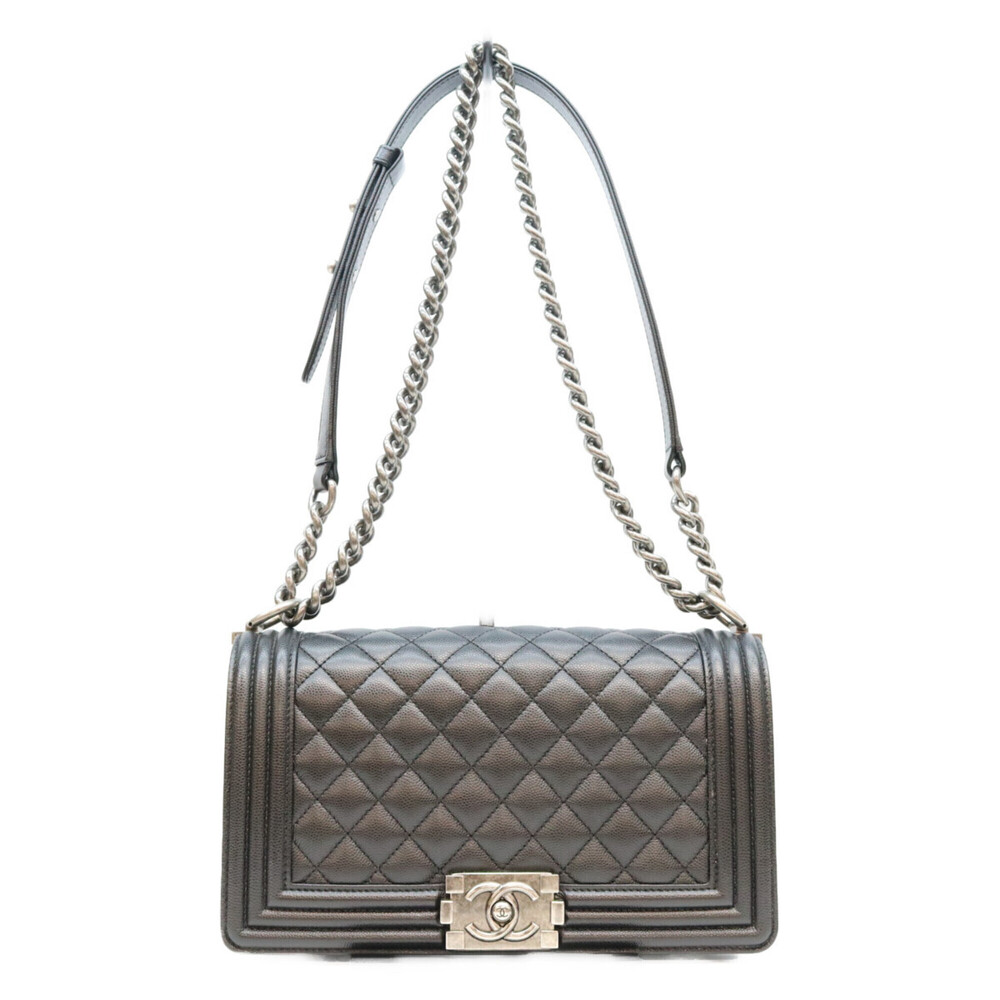 CHANEL A67086 Caviar Boy Chanel 25 Medium Chain Shoulder Bag, Black with Silv...